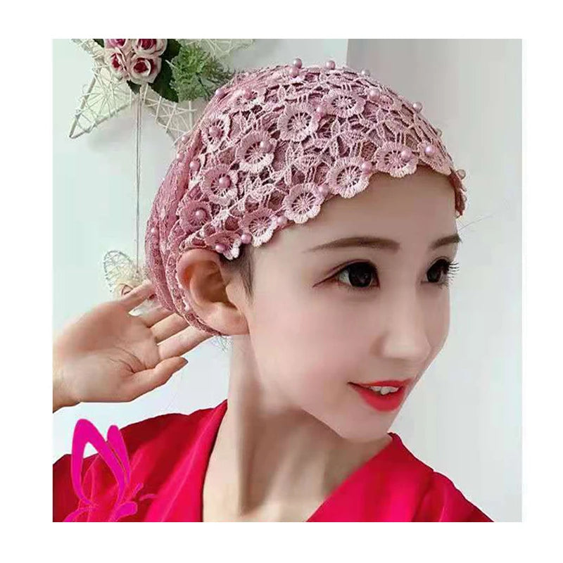 2023 New Beaded and Rhinestone Hat Band Lace Bonnet and Flower Scarf Hijab for Muslim Women for Outdoor Beach Travel