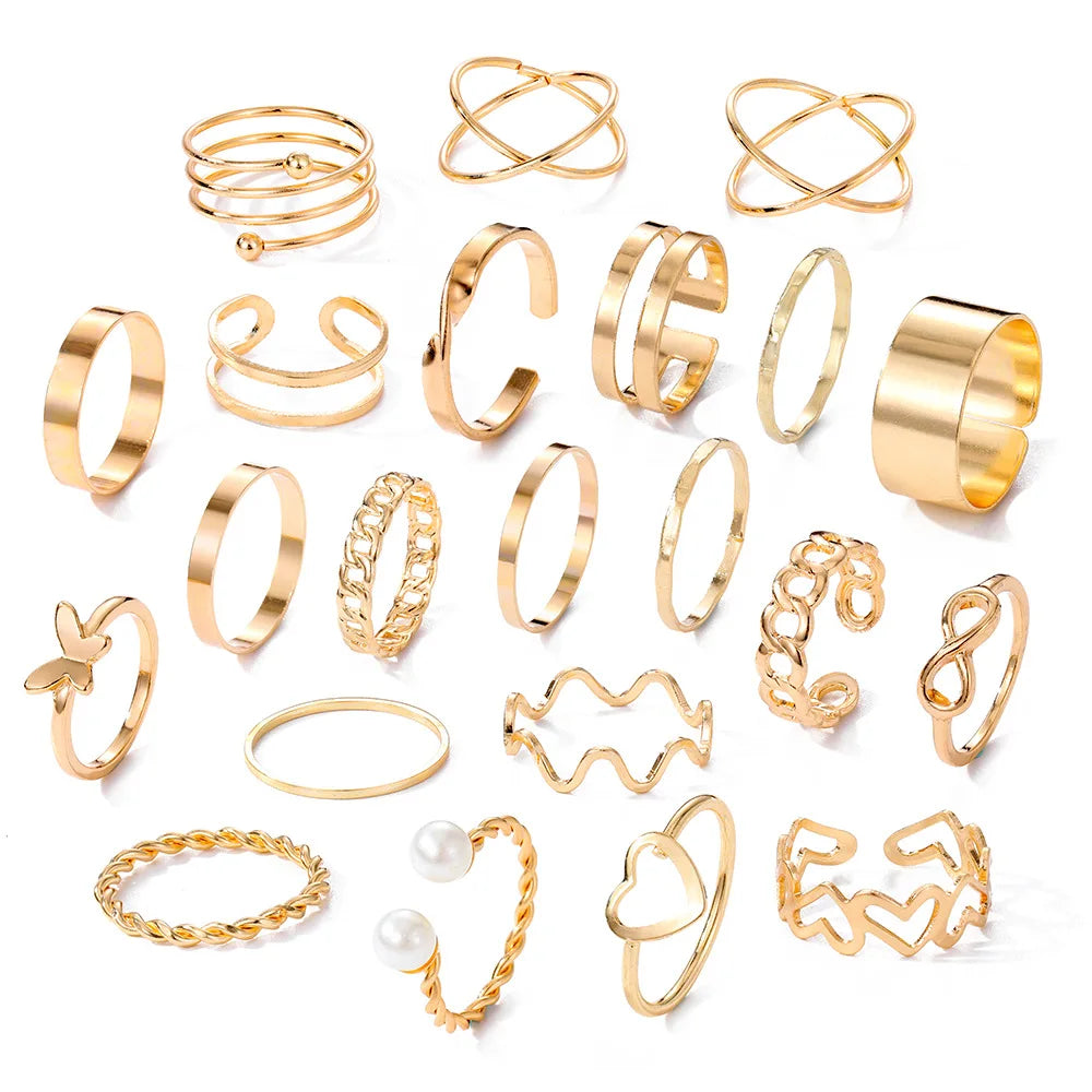 20pc/set Hollow Love Butterfly Female Ancient Silver Ring Set Pearl Gold Tai Chi Snake Drip Oil Ring Jewelry