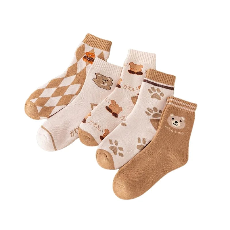 Women's New Autumn and Winter Mid-Tube Socks Thick Warm Cute Cartoon Bear Fur Socks Disposable Crew Length Anti-Slip Feature