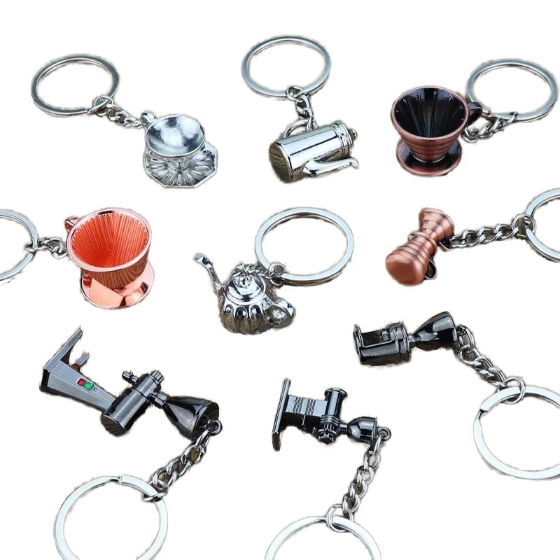 Custom Zinc Alloy Coffee Accessories Key Chain Milk Pitcher Grinder Kettle Coffee Tools Design Keychain