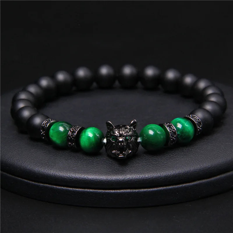 Tiktok Hot Sales 8mm Natural Tiger Eye Crystals Lava Rock Stone Wolf Head Zircon Bead Bracelets Jewelry for Boy Man