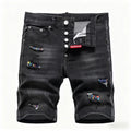 American Street Style High Street Boyfriend Distressed Men Black White Checked Hole Patch Stitching Eco-Friendly Denim Shorts