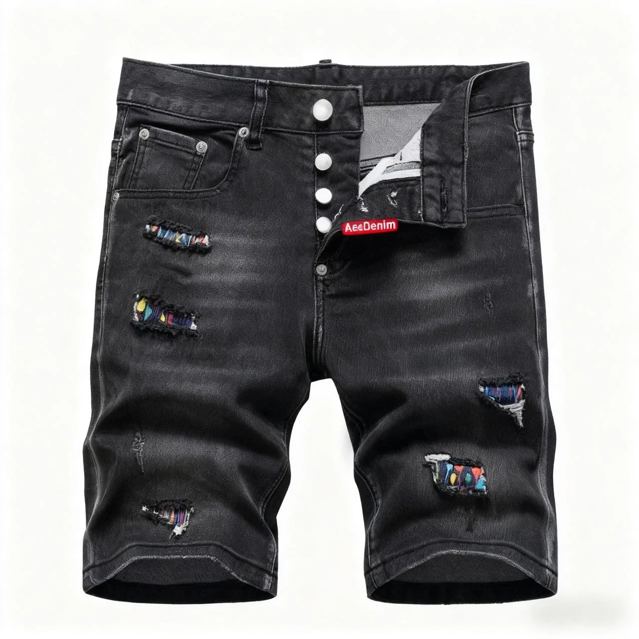 American Street Style High Street Boyfriend Distressed Men Black White Checked Hole Patch Stitching Eco-Friendly Denim Shorts