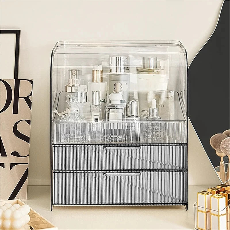 Direct Factory Sales Customized Three-Tier Clear Acrylic Makeup Organizer Storage Box PET Standing Type for Cosmetic Storage