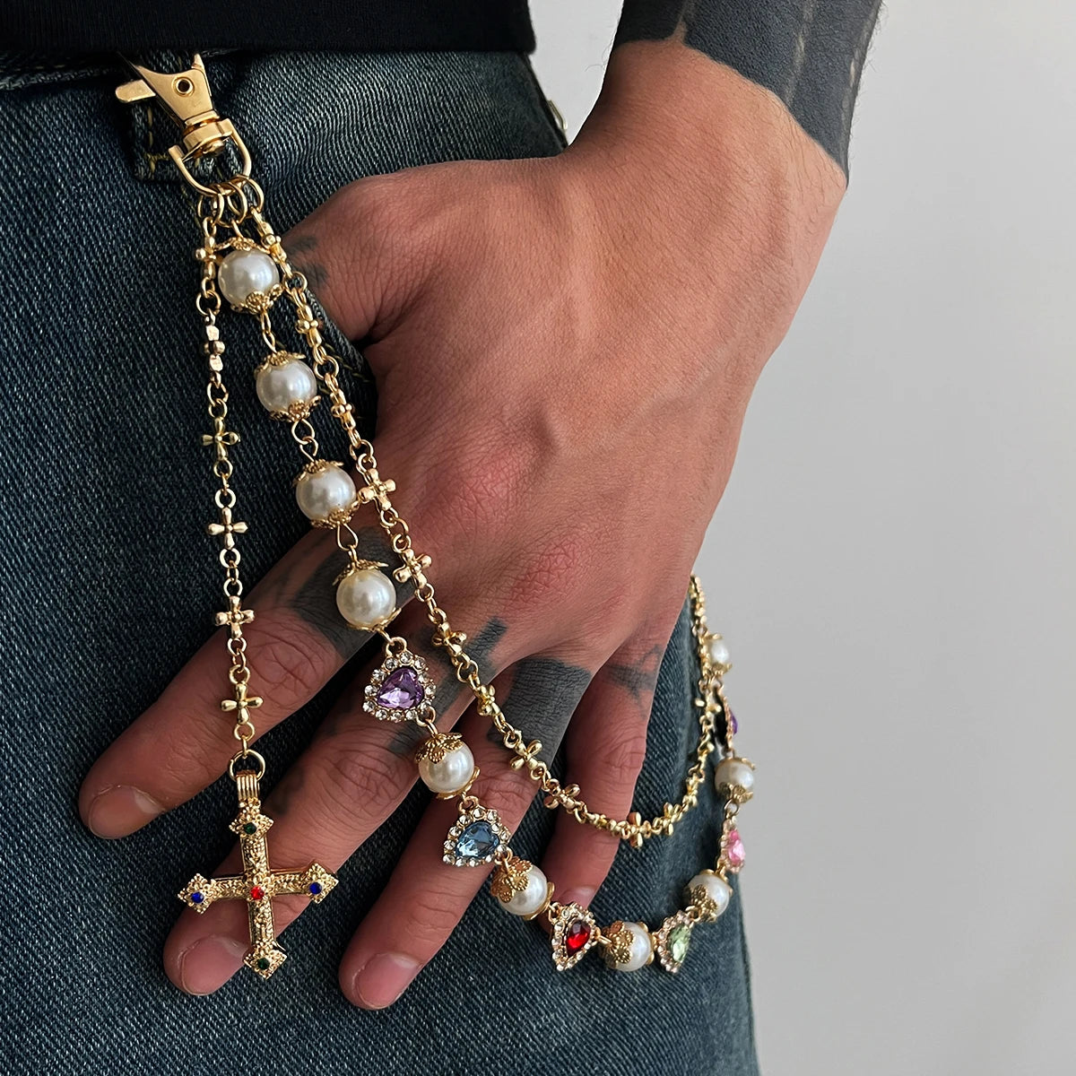 Y2K Colorful Peach Heart Cross Pendant Imitated Pearl Pants Chain Hip Hop Daily Street Wearing Accessories Fashion Jewelry Gifts