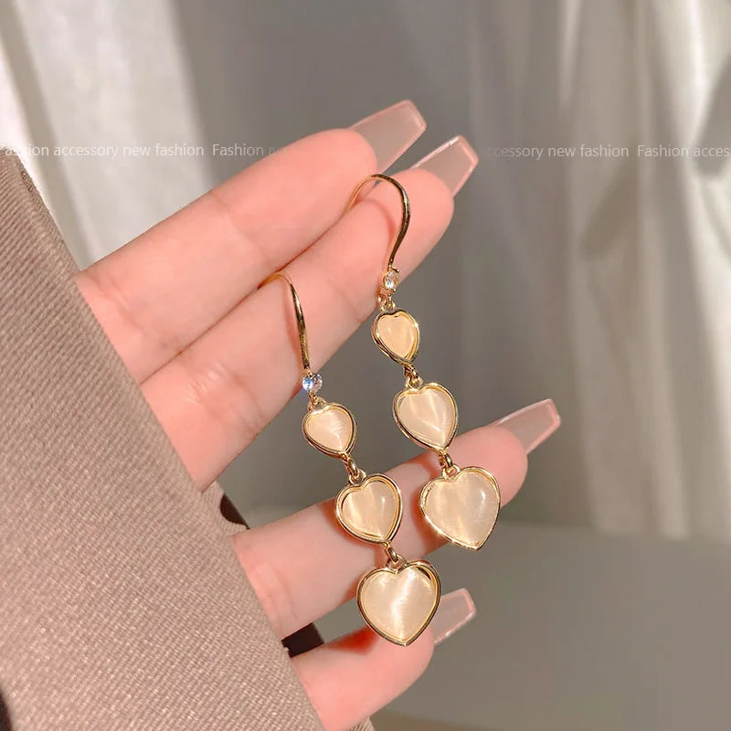 French Korean Version Long Opal Earrings Three Heart Earring Love Tassel Hook Earring for Women