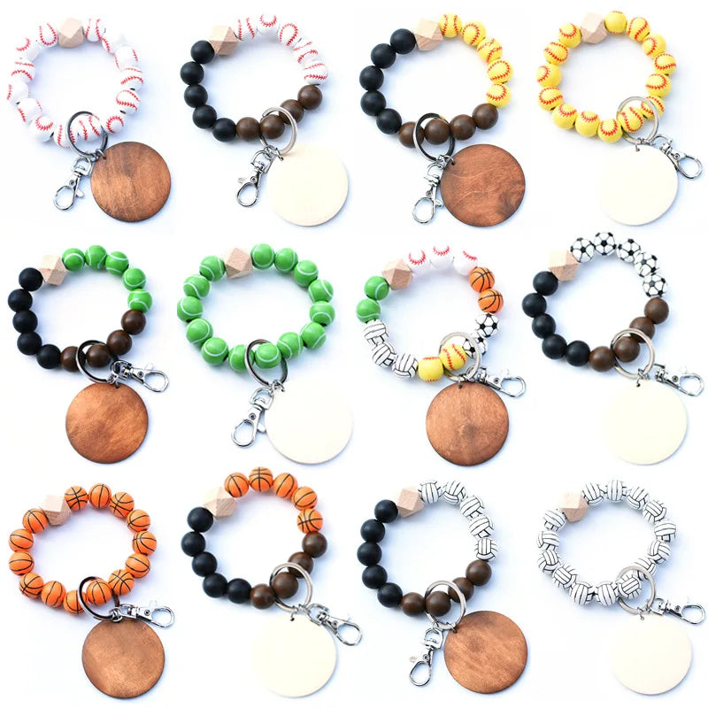 New Arrival Monogram Football Basketball Baseball Wooden Beaded Bracelet Keychain Printing Wooden Bead Keychain Wristlet