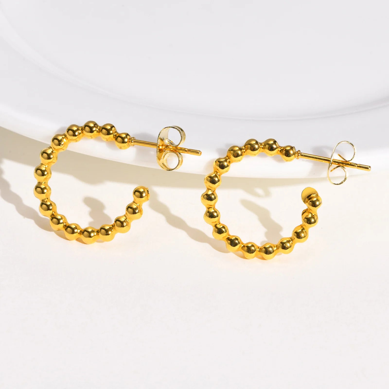 Jewelry Trendy Bead C Shape Earrings Stainless Steel 18K Gold PVD Plated Beaded Ball C-shaped Earrings for Women