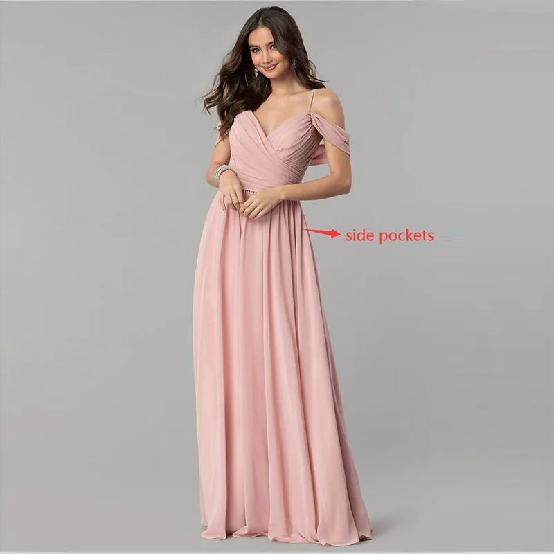 V Neck Evening Dress Off Shoulder Chiffon Bridesmaid Gowns Spaghetti Straps Wedding Guest Dresses