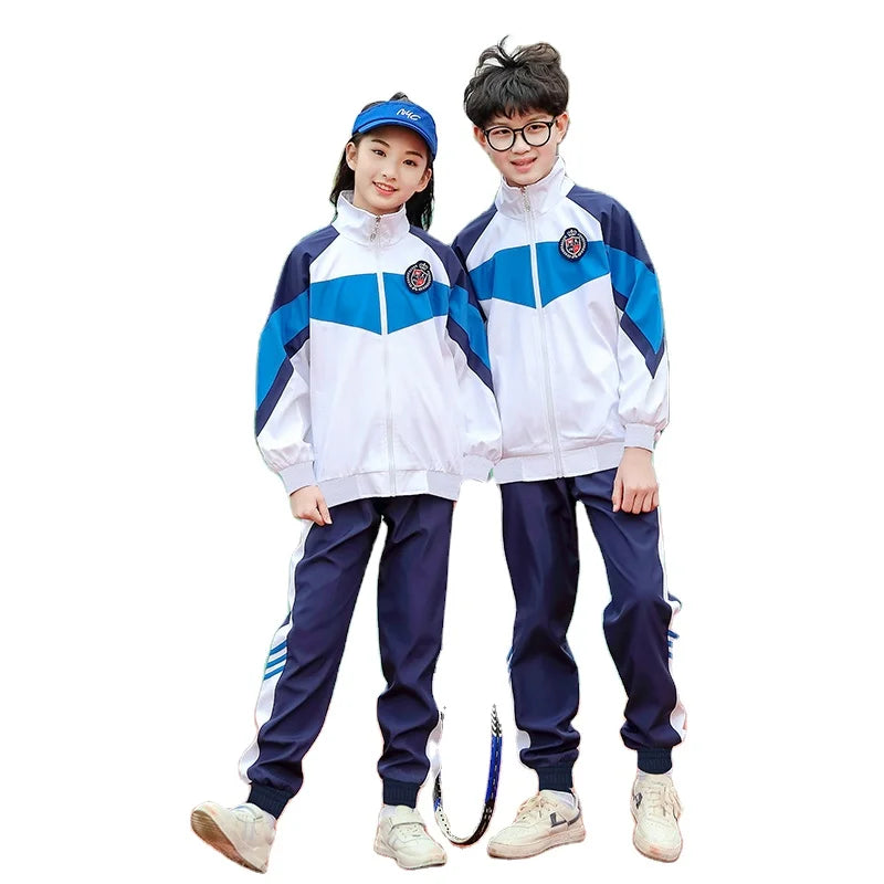 2023 Summer New Student School Uniform Set with Custom Embroidered Logo Long Sleeves Children Uniforms 100% Cotton Unisex