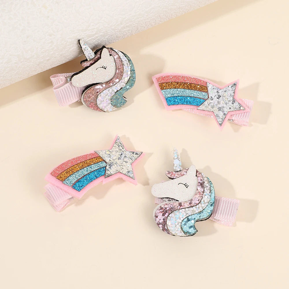 CN 4Pcs Sparkly Glitter Unicorn Hair Pins Sweet Rainbow Pastel Ice Cream Hair Clip for Girls Kids