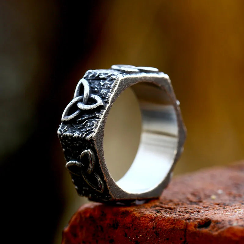 SS8-1130R 2023 New Unique Retro Viking Valknut Celtic Odin Vegvisir Men's Hexagon Shape Ring Specific Character Jewelry Gift