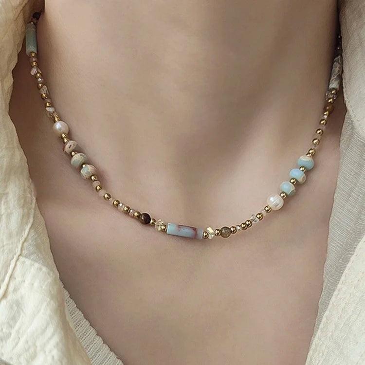 New Arrival Trendy Colorful Natural Stone Crystal Freshwater Pearl Beads Women Necklace
