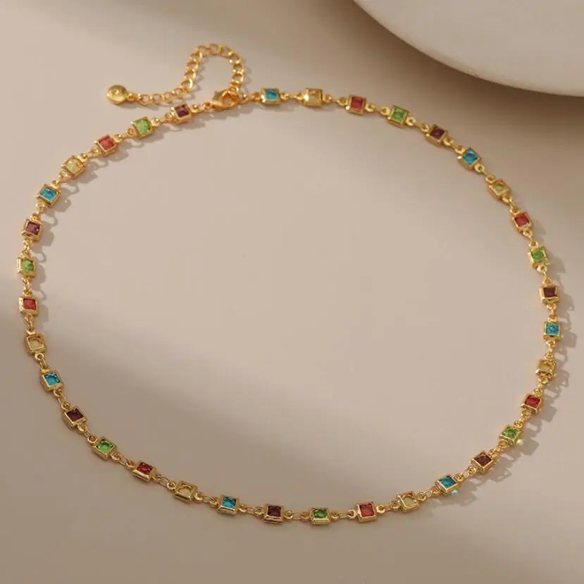 2025 New Arrival Bohemian square Colored Zircon Creative Necklace Handmade Bead 18K Real Gold Zirconia Gemstone Collar Necklaces