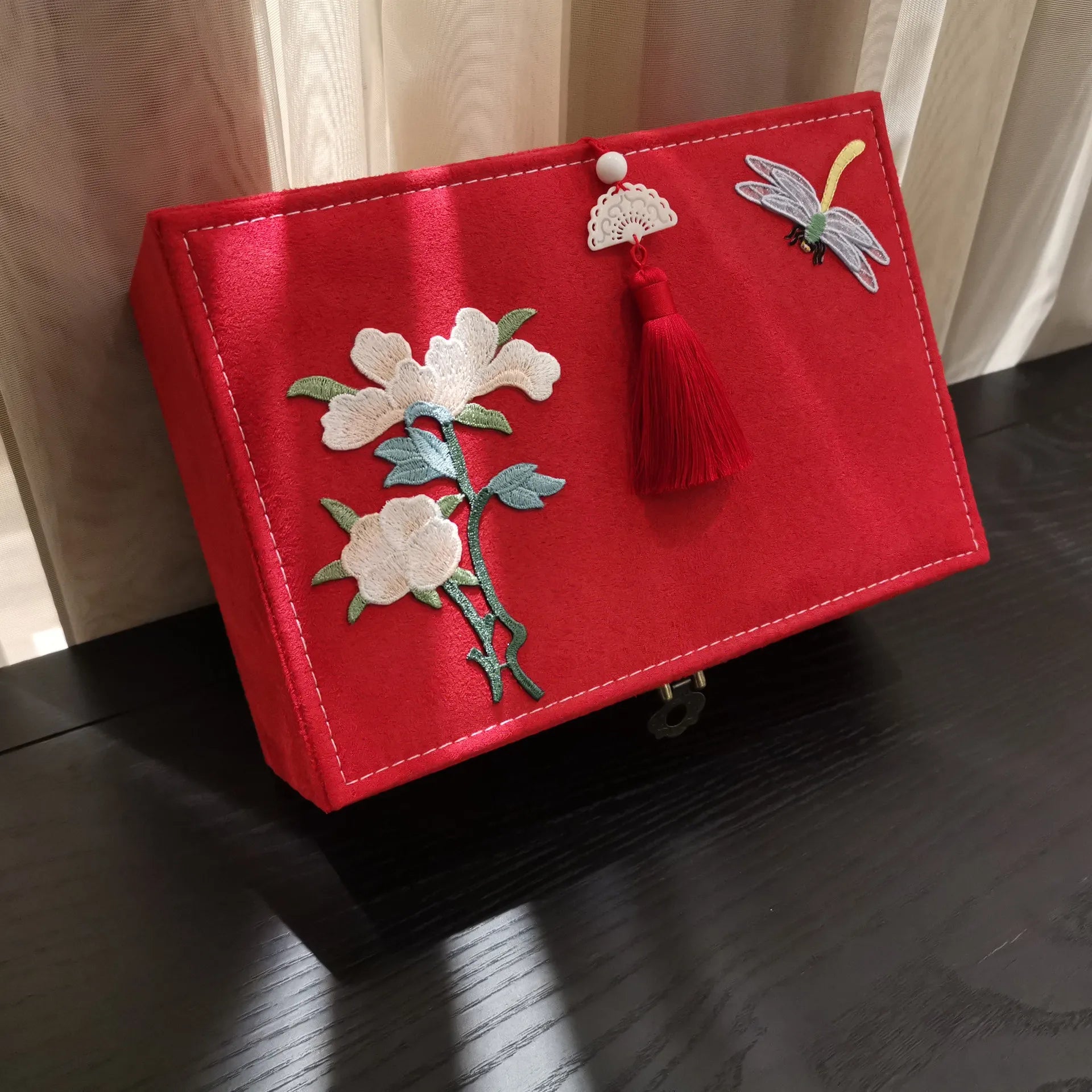 Flannel Double Layer Antique Jewelry Box Wooden Lock Double Layer  Storage Ring Earring Box
