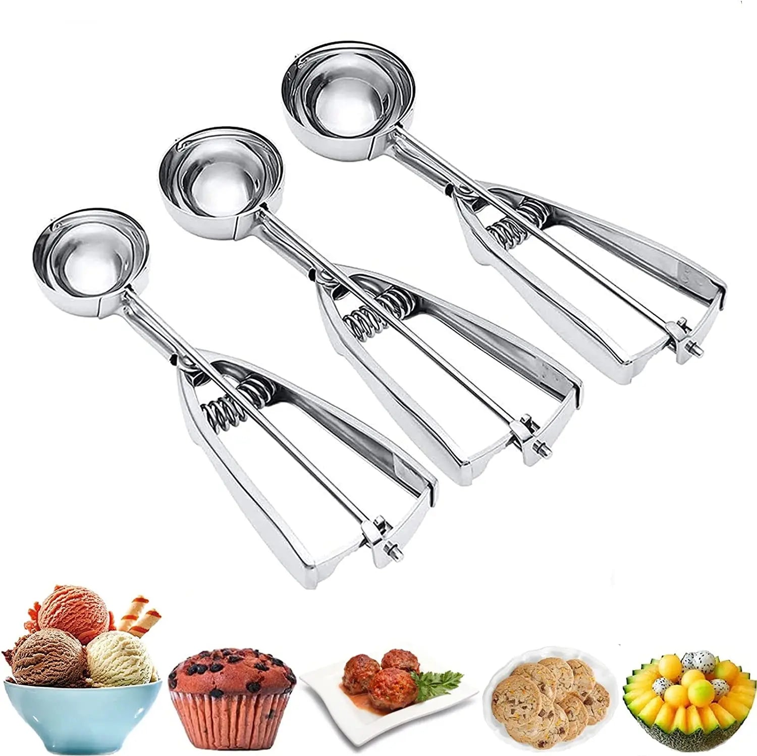 Stainless Steel Ice Cream Scoop in Large Medium Small Sizes Eco-Friendly Metal Cookie Dough Scoop with Trigger