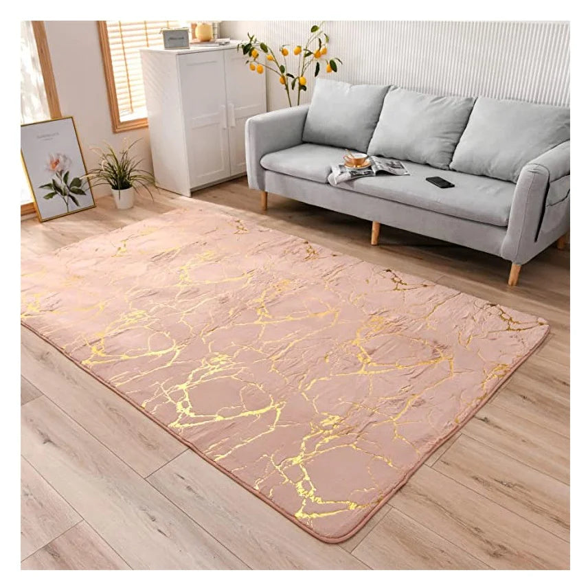 Soft Faux Rabbit Fur Crack Gold Foil Print Carpet Fluffy Bedside Mat Rose Gold Rug Pink Shag Rug for Living Room