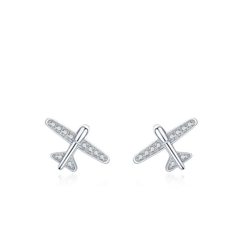 925 Sterling Silver Shaped Little Plane Sweet Lovely Transportation Vehicle Stud Earrings Rhodium Plated for Wedding Party Gift