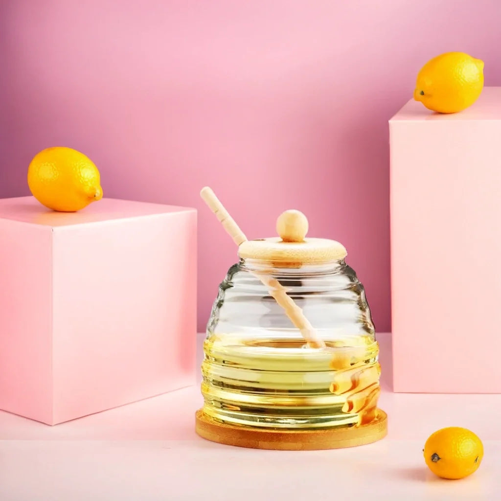 Home Glass Jar Clear Lead Free High Borosilicate Heat Resistant Handmade Glass Honey Canister With Wooden Lids and Stick Dipper