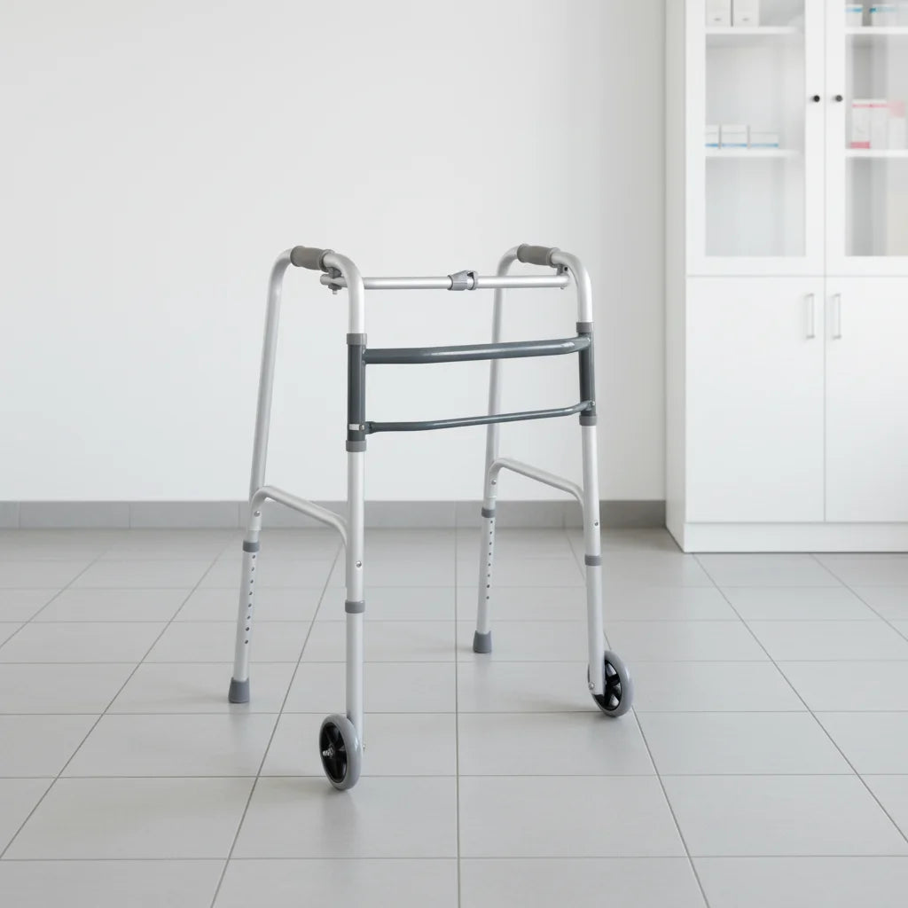 One Button Folding Aluminium Walking Frame Adult Movable Front Wheeled Silver Walker for Elder Seniors CY-ZG931