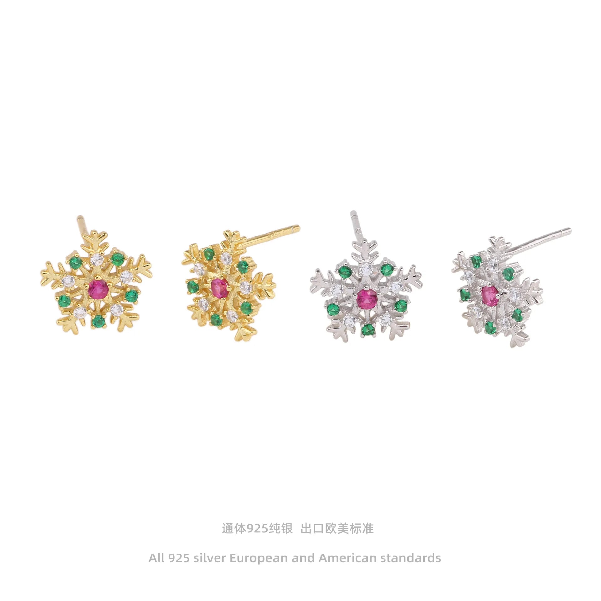 Fine Earrings 925 Sterling Silver Christmas Earrings Christmas Snow Flower Colorful Zircon Gold Plated Stud Earrings for Women