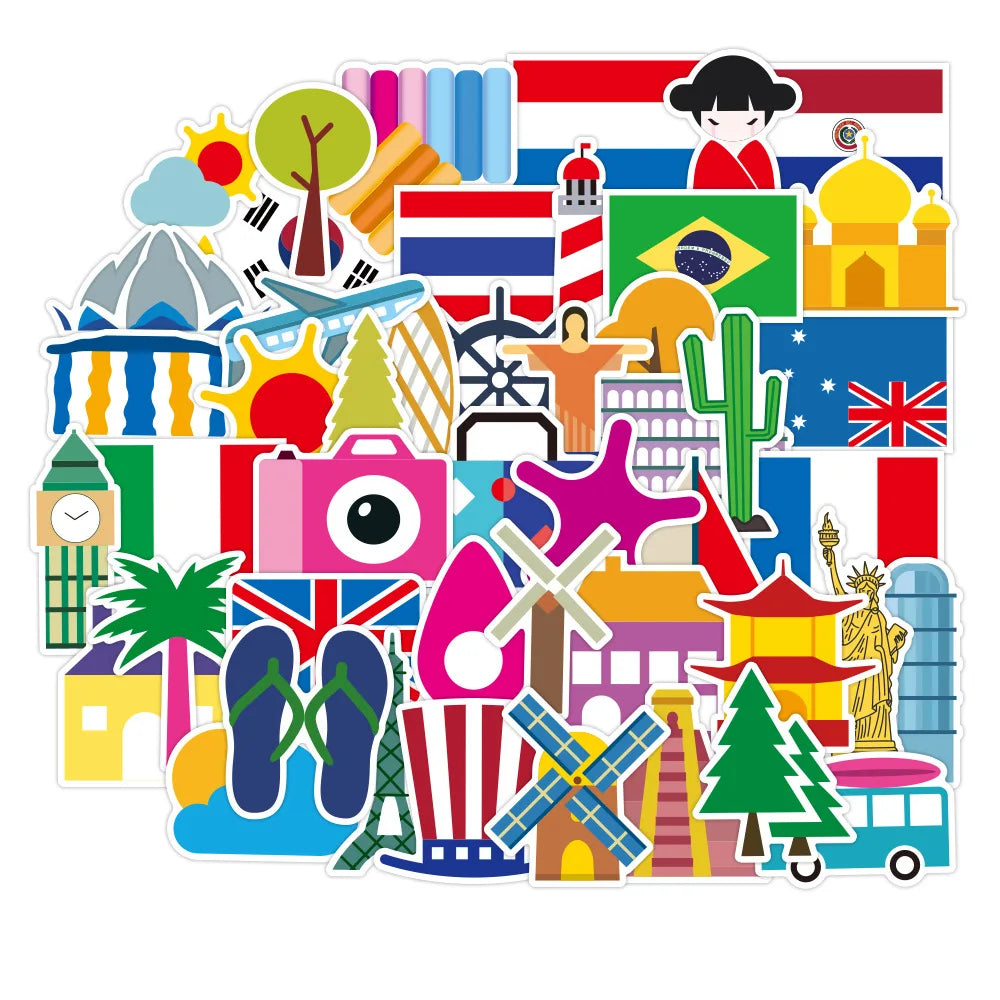 50PCS National flag travel map world adventures famous tourism country regions logo sticker