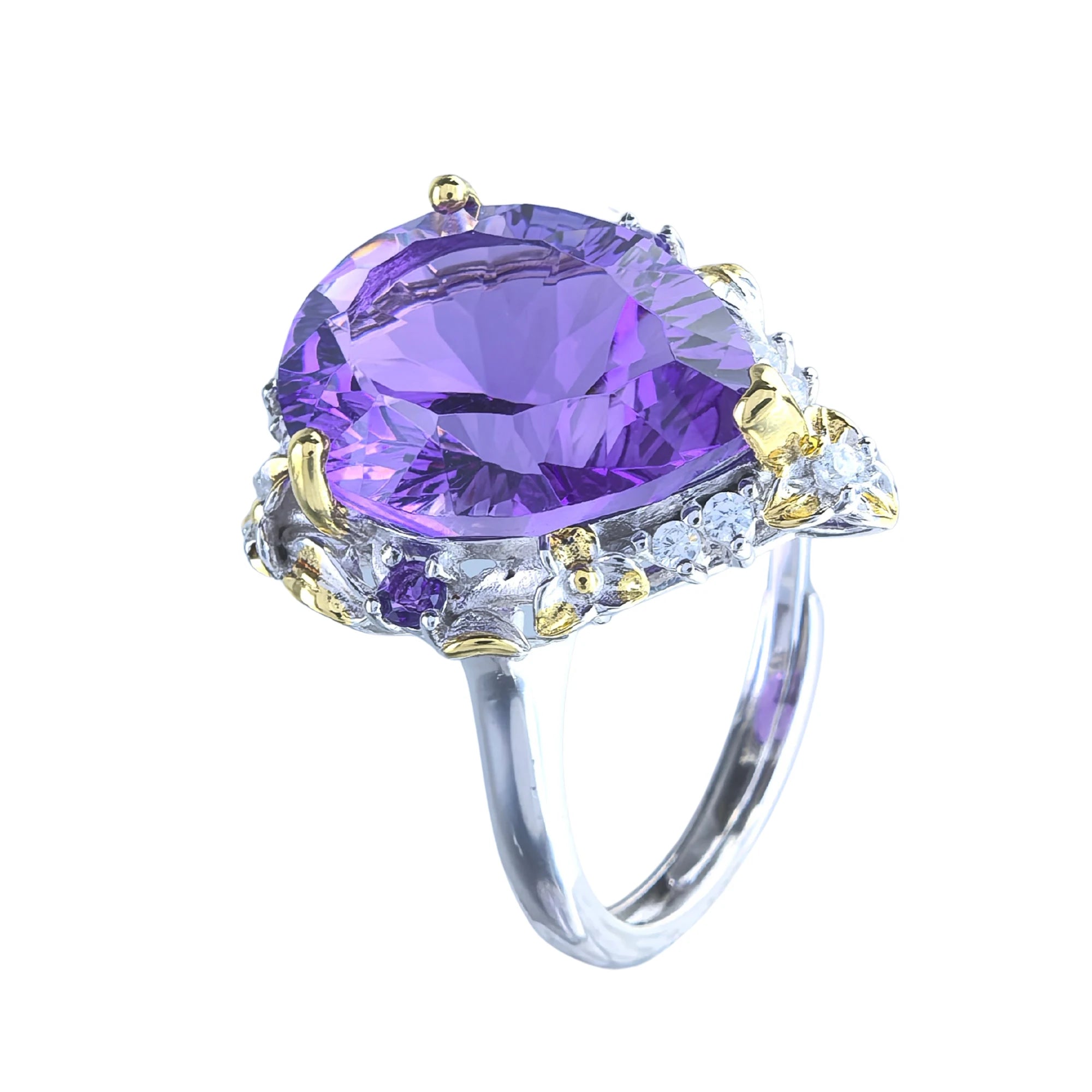 Gorgeous Rhodium and Gold Plated Silver 925 Pear Cut Natural Amethyst Ring for Women Anniversary Gift