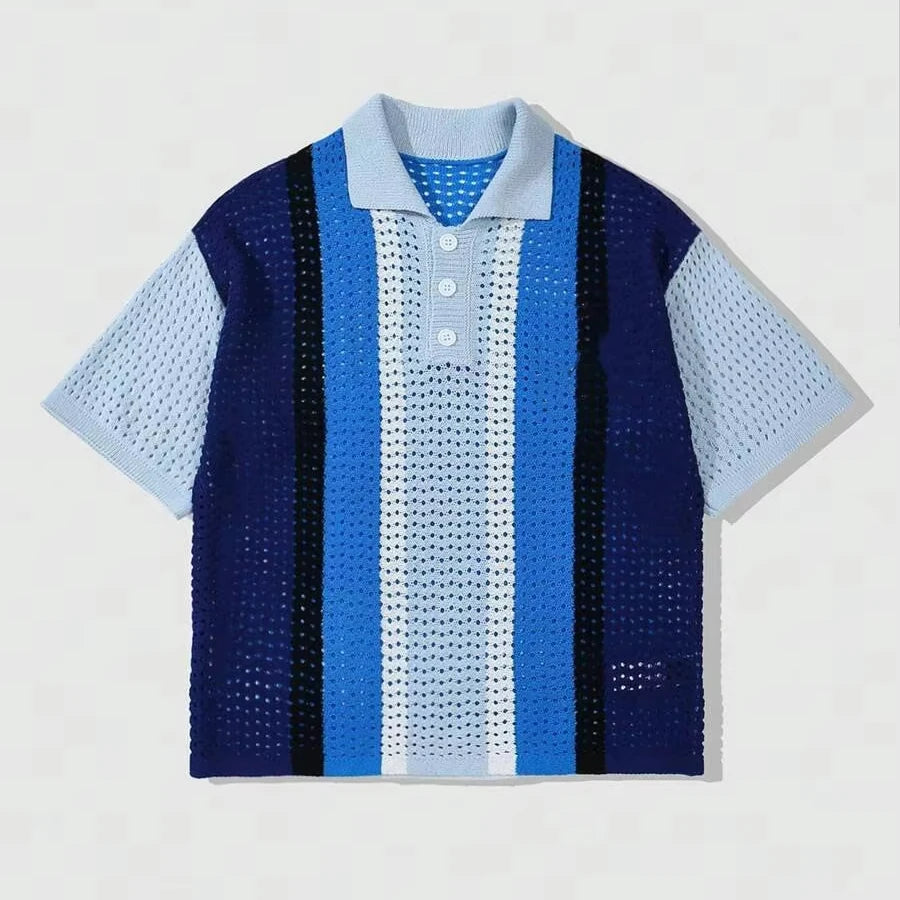 Custom Design Logo  Street Life Men's Solid Color Button Front Striped Casual Vacation Short Sleeve Mesh Crochet Polo Shirt