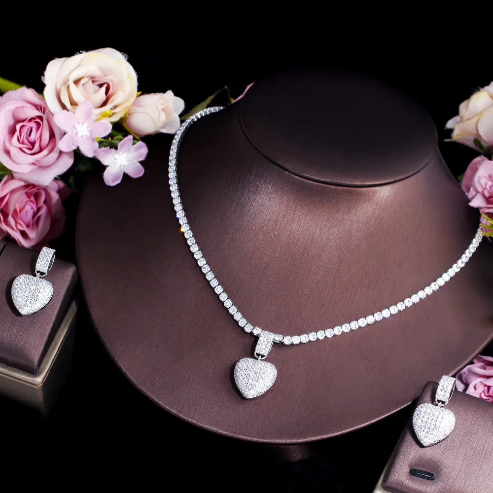 Bling CZ Cubic Zircon Brazilian Gold Plated Heart Shape Pendant Necklace and Earrings Fashion Women Wedding Party Jewelry Sets