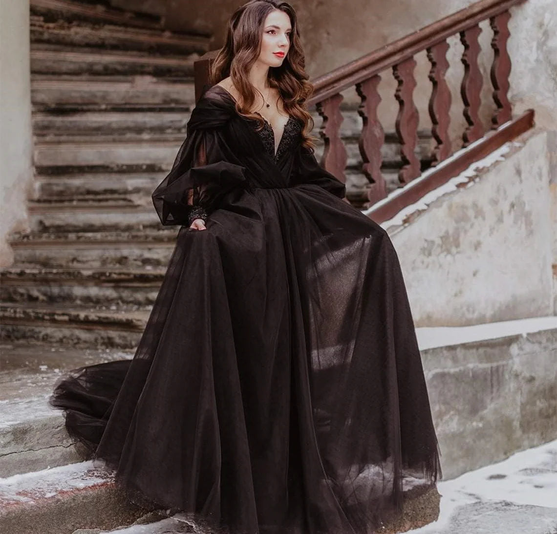 9908# Elegant Black Strapless Puff Sleeves Boho Lace Appliqque Wedding Dress Backless Wedding Bridal Gown party gown