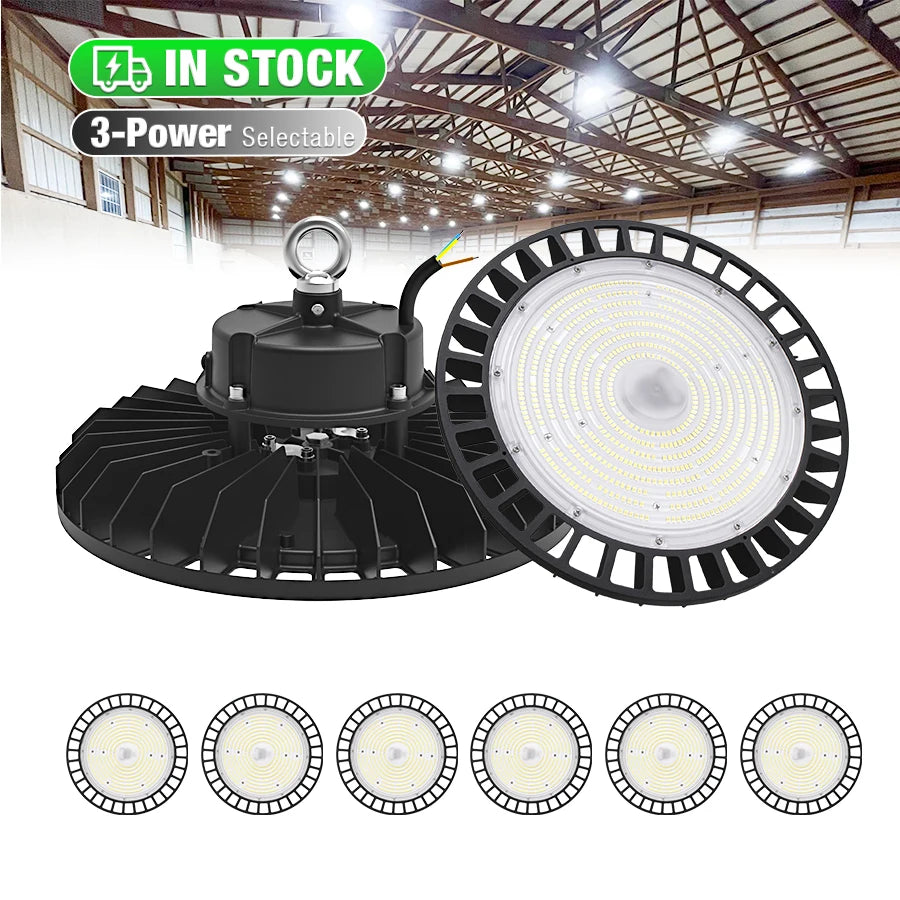 Shenzhen Stock 277V UFO Power Switchable 240W 200W 150W 120W 0-10V Dimming 4000K 5000K LED High Bay Lights for Warehouse