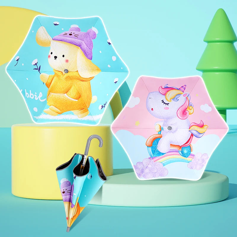 New Cartoon Rounded Long Kids Umbrella Custom-made Student Curved Handle Children's Umbrella Manual Umbrella with logo