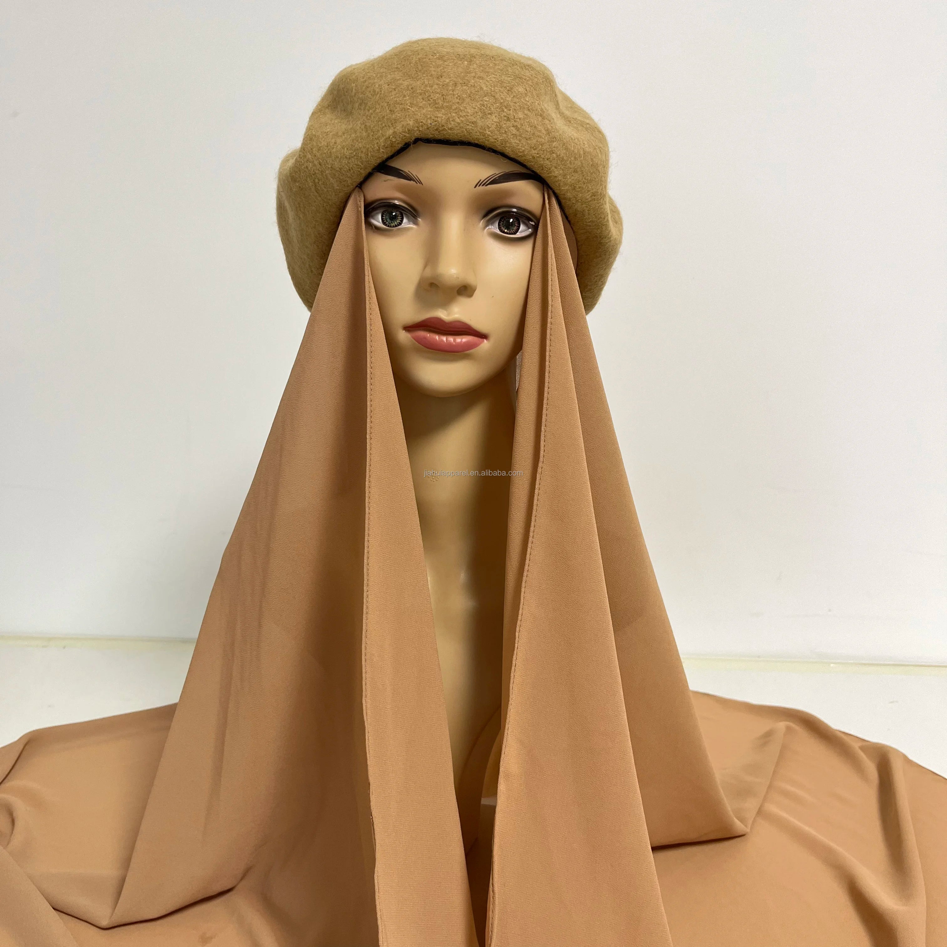 Muslim Women's French Style Beret Hat with Instant Chiffon Hijab All-in-One Summer Chiffon Shawl and Scarf