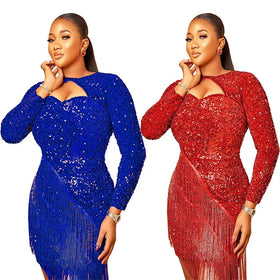 Special Offer Sequins Africa Elasticity African Kitenge Designs Skirt Tassels Sequin Evening Dress