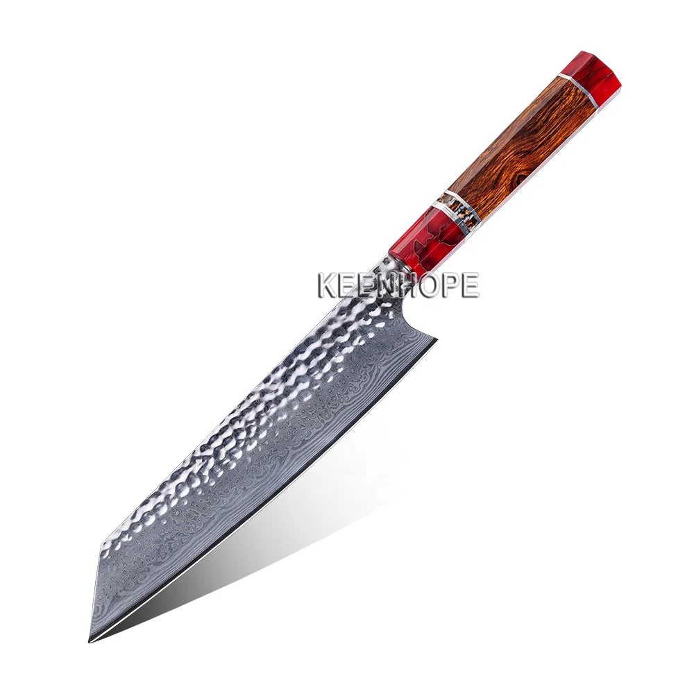 KEENHOPE 8-Inch Kiritsuke Handcrafted 89-Layers Damascus Steel VG10 Blade 925 Silver Mammoth Stone Composited Resin USA Kitchen
