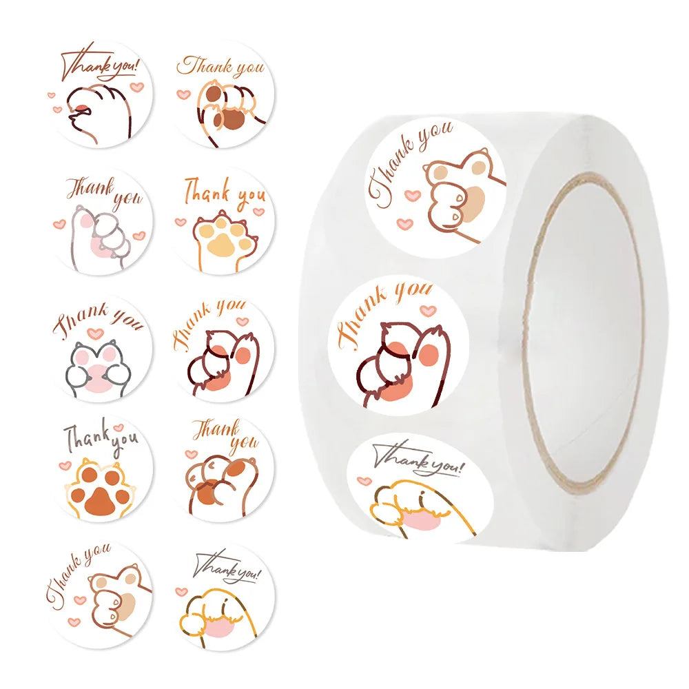500Pcs Cute Cats Paw Thank You Roll Stickers 1 inch Kawaii Kitty Envelope Sealing Sticker