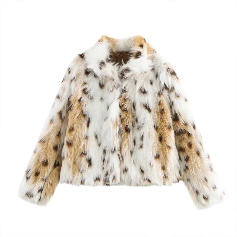 ZATRHMBM Women's New Fashion Faux Fur Leopard Plush Coat Retro Lapel Long Sleeve Trend Elegant Loose Women's Coat