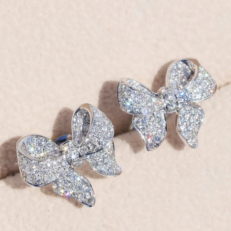 CAOSHI Copper Jewelry Butterfly Bridal Wedding Ladies Earring Silver Gold Plated Cubic Zirconia Bow Knot Stud Earrings for Women