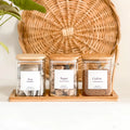 Unique 500ml 3pcs Square Bamboo Lid Glass Kitchen Storage Salt Sugar Spice Seasoning Container Jar Box Set with Spoon and Tray