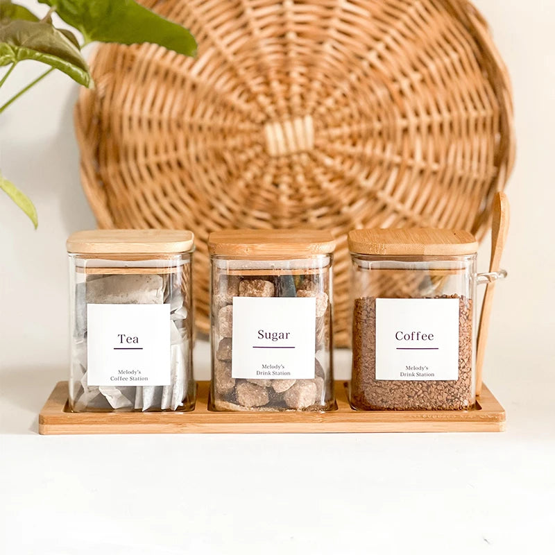 Unique 500ml 3pcs Square Bamboo Lid Glass Kitchen Storage Salt Sugar Spice Seasoning Container Jar Box Set with Spoon and Tray