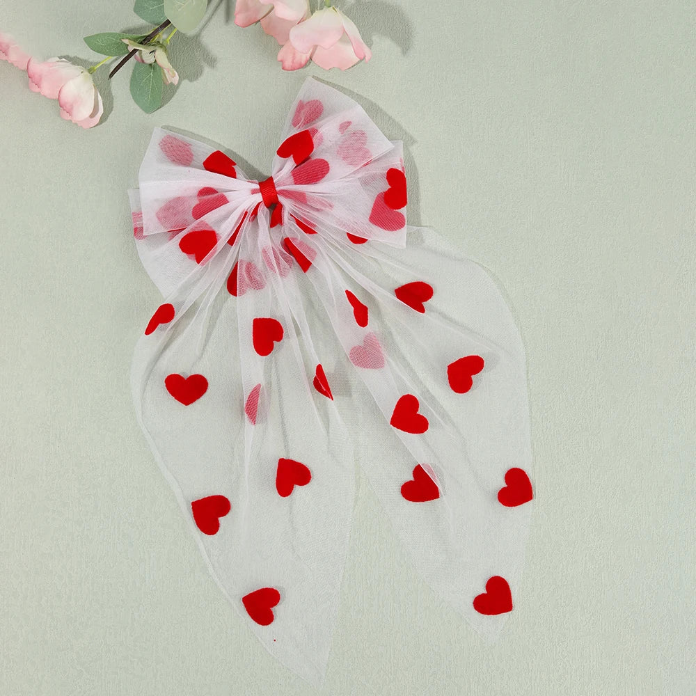 CN Big Organza Hair Bow Clip with Long Tails Sweet Red Heart Hair Clip for Women Girls Tulle Valentine's Day Hair Clips