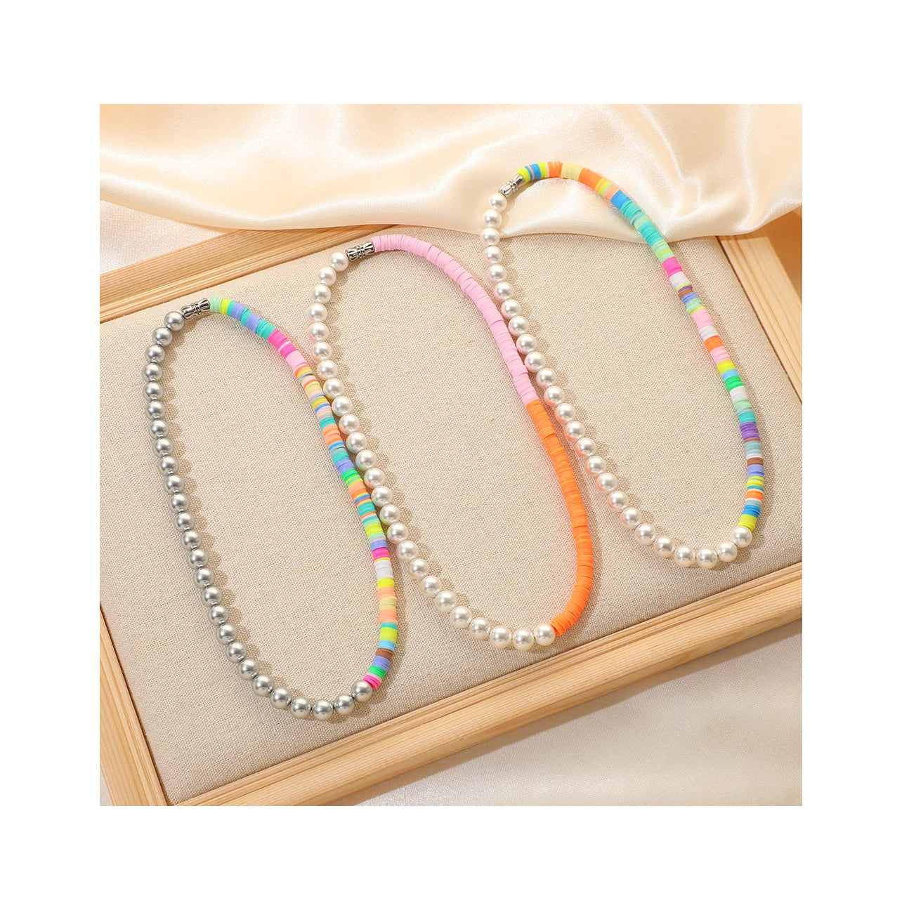 Y2K Style Colorful Polymer Clay Slices Pearl Short Choker Necklace Bohemian Beaded Glass Pearl Necklace for Girls