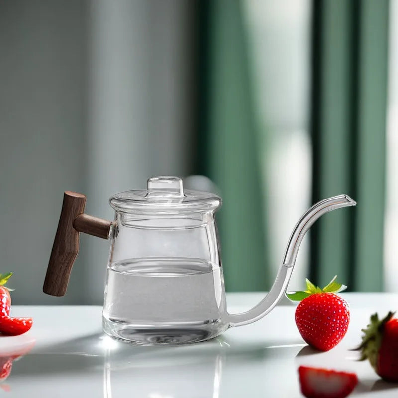 Gooseneck Wooden Handle Hot Sailor Pouring Hand-brewed Coffee Pot Heat-resistant  Multi-functional Coffee Glass Tea Kettle