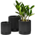 Modern Elegant Matt Black Ceramic Flower Pots With Drainage Hole and Tray Garden Exquisite Home Decoration