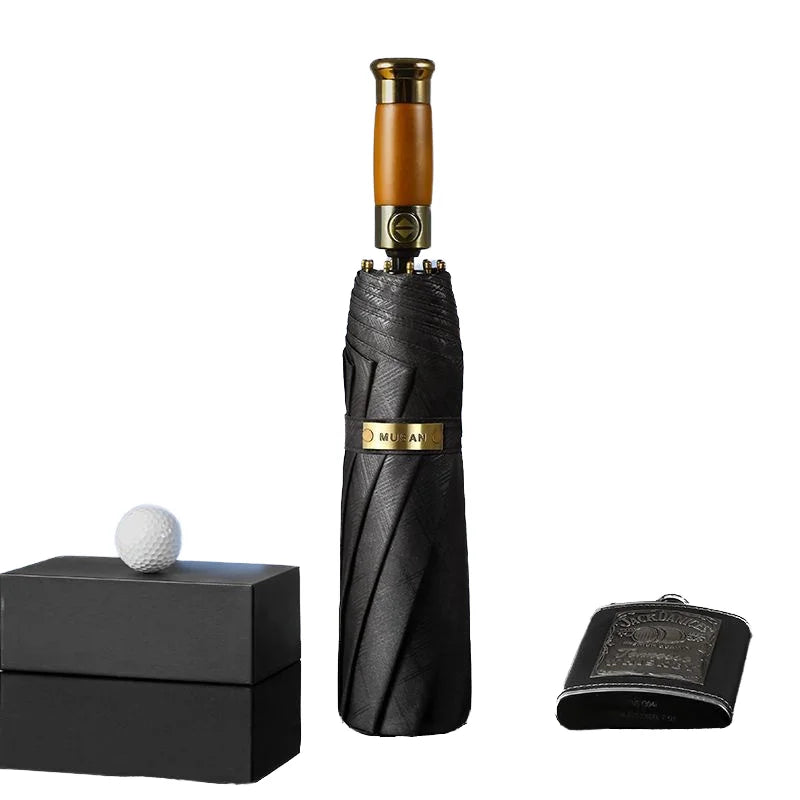 Strong Frame High Quality Windproof Umbrella for Rain Uv Windproof Compact Automatic 3 Fold Automatic Wooden Handle Umbrella