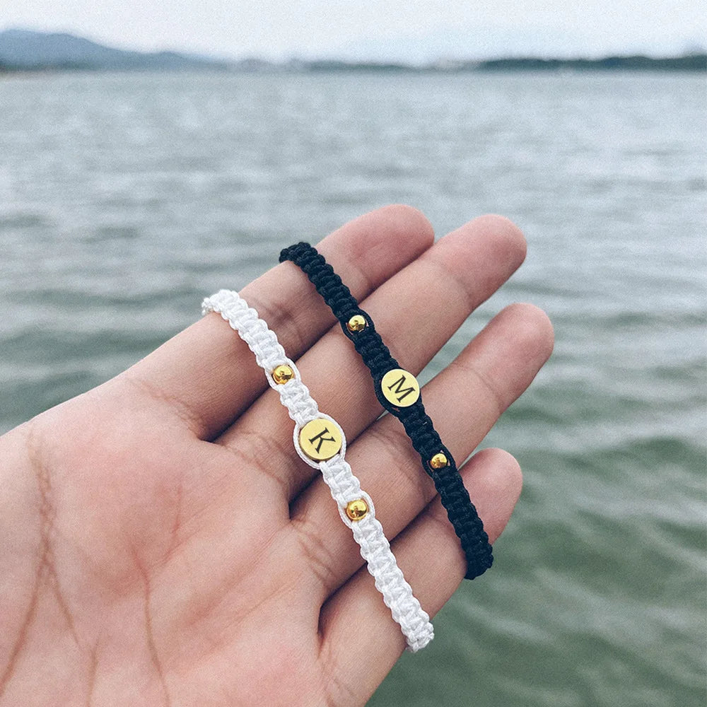 Custom Initial Letter Round Stainless Steel Handwoven Charm Rope Braided Bracelet for Couple Gift