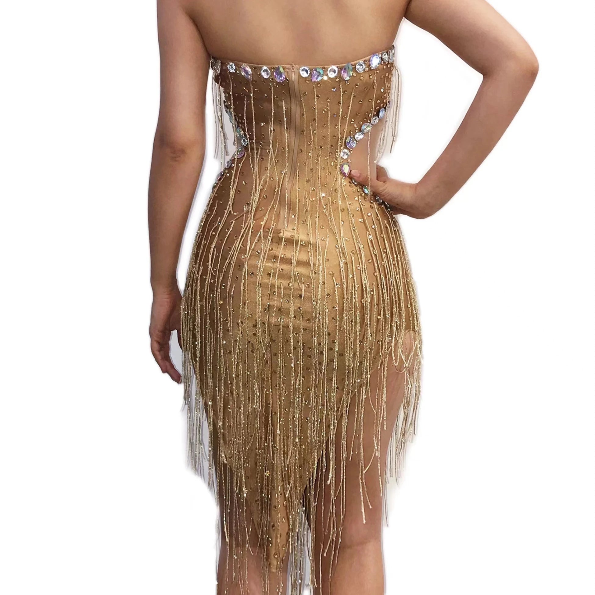 Rhinestone Tassel Dress Luxury Stage Costume Party Cloth Sexy Nightclub Long Sleeveless One-piece Dancer Costume Bodysuit Women