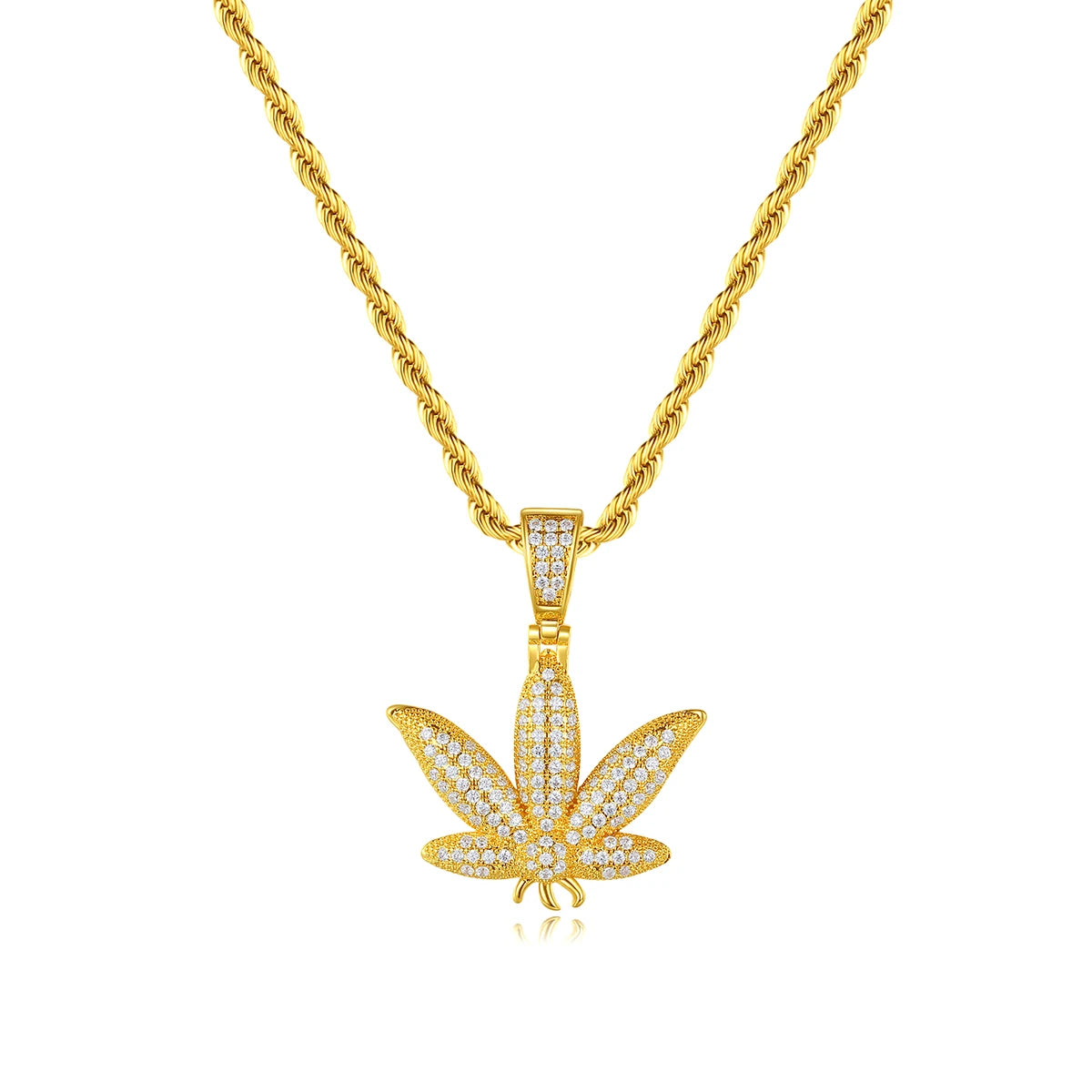 JINSE New Style New Design Hot Sale Maple Leaves Gold Color All Zircon Paved Bling Leaf Pendant Necklace