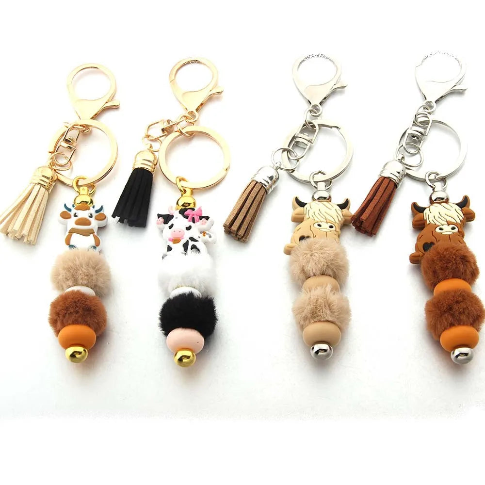 Handmade Silicone Beaded Tassel Highland Cattle Wristlet New Western-Style Doll Bracelet Keychain for Mom Goat Elk Yak