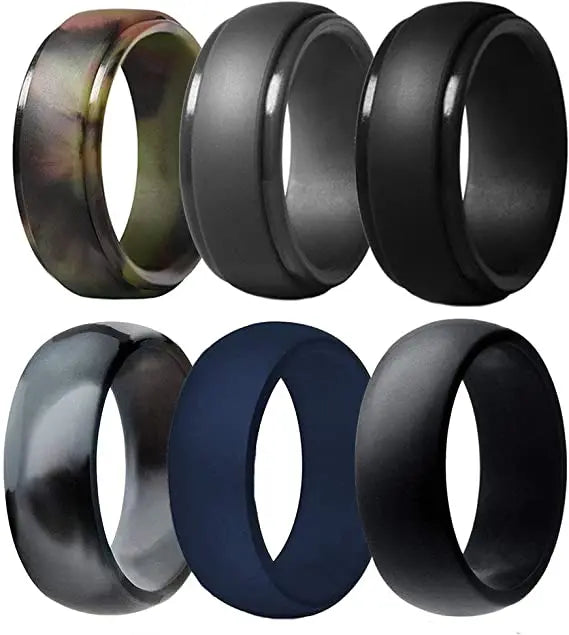 Custom Silicone Wedding Rings Band-Step Edge Sleek Design-Metallic Comfortable Sports Rings for Men